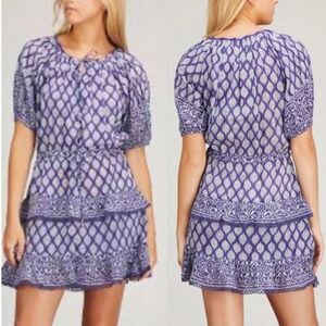 Bell by Alicia Bell‎ Roxy Blue Cotton Silk Block Print Tiered Mini Dress Size XL